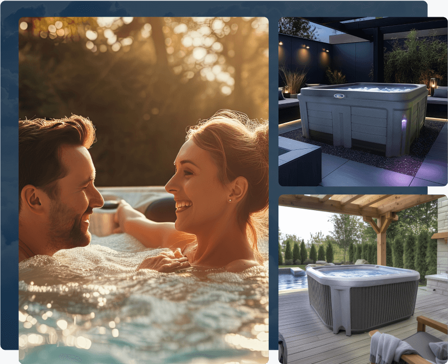 navigate the journey three part image - image1-couple sitting in a spa- image2- picture of women in a spa - image3 - image of interior of spa with water bubbling