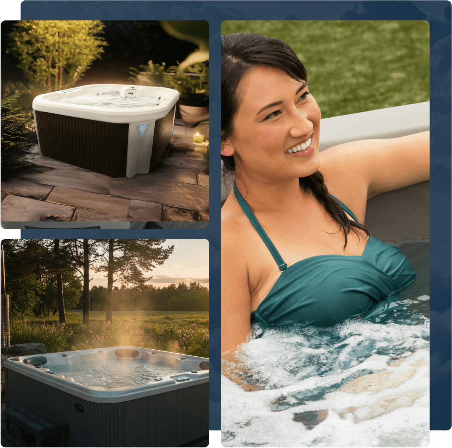 Image with three sections, first is a picture of a spa, second is a lady sitting on a spa, third is a spa full of water